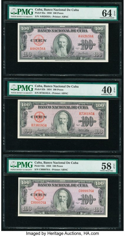 Cuba Banco Nacional de Cuba 100 Pesos 1950; 1954; 1958 Pick 82a; 82b; 82c PMG Ch...