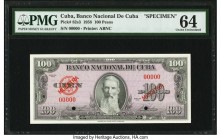 Cuba Banco Nacional de Cuba 100 Pesos 1958 Pick 82s3 Specimen PMG Choice Uncirculated 64. Two POCs are present. From the El Don Diego Luna Collection
...