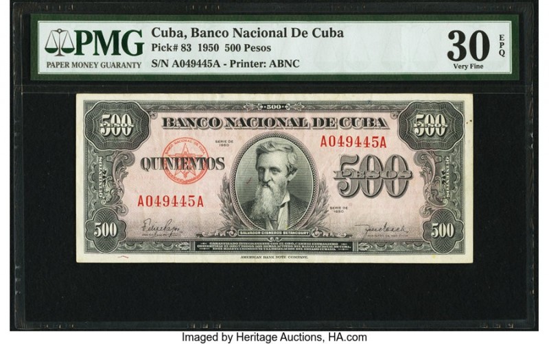 Cuba Banco Nacional de Cuba 500 Pesos 1950 Pick 83 PMG Very Fine 30 EPQ. From th...