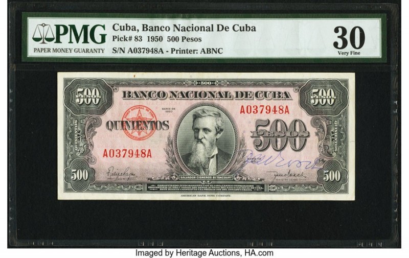 Cuba Banco Nacional de Cuba 500 Pesos 1950 Pick 83 PMG Very Fine 30. An annotati...