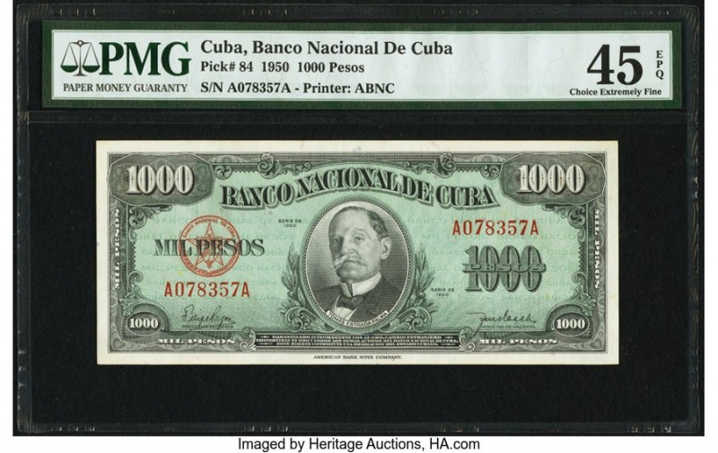 Cuba Banco Nacional de Cuba 1000 Pesos 1950 Pick 84 PMG Choice Extremely Fine 45...