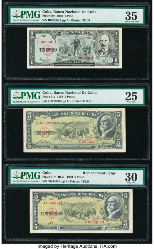Cuba Banco Nacional de Cuba 1; 5; 5 Pesos 1959; 1958; 1960 Pick 90a; 91a; 91c* R...