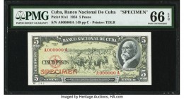 Cuba Banco Nacional de Cuba 5 Pesos 1958 Pick 91s1 Specimen PMG Gem Uncirculated 66 EPQ. Perforated Specimen. From the El Don Diego Luna Collection

H...