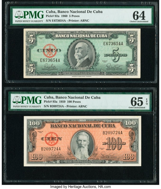 Cuba Banco Nacional de Cuba 5; 100 Pesos 1960; 1959 Pick 92a; 93a PMG Choice Unc...