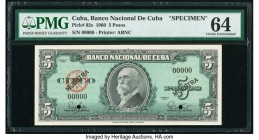 Cuba Banco Nacional de Cuba 5 Pesos 1960 Pick 92s Specimen PMG Choice Uncirculated 64. Two POCs are present. From the El Don Diego Luna Collection

HI...