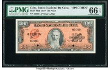 Cuba Banco Nacional de Cuba 100 Pesos 1959 Pick 93s1 Specimen PMG Gem Uncirculated 66 EPQ. Two POCs are present. From the El Don Diego Luna Collection...