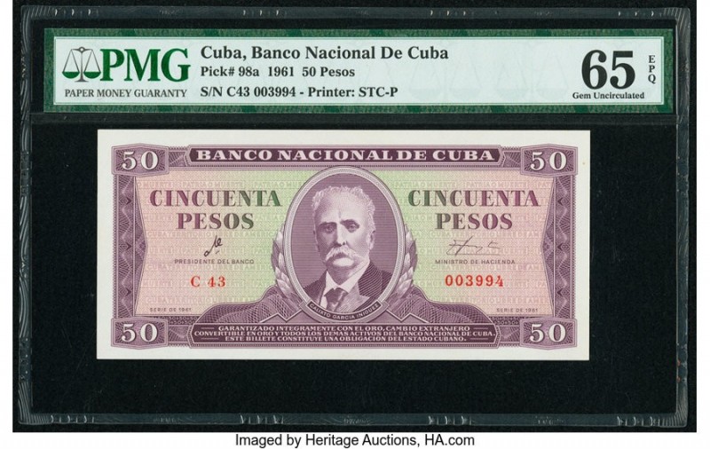 Cuba Banco Nacional de Cuba 50 Pesos 1961 Pick 98a PMG Gem Uncirculated 65 EPQ. ...