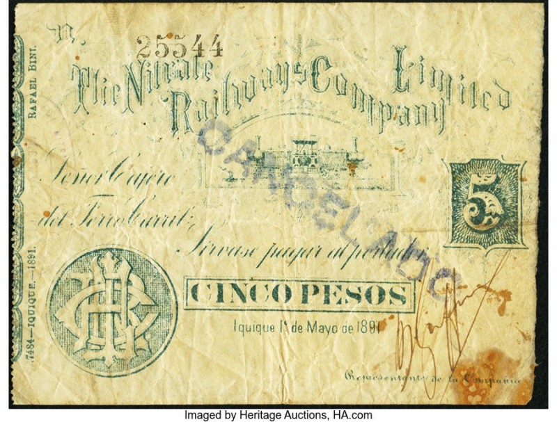 Cuba Nitrate Railways Company Limited 5 Pesos 1891 Pick UNL Good. Staining and r...