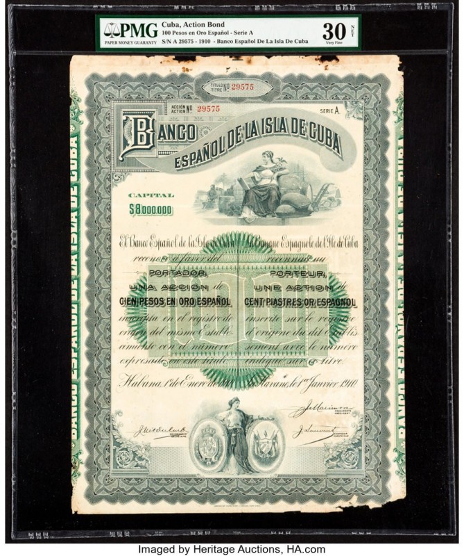 Cuba Banco Espanol de la Isla de Cuba 100 Pesos en Oro Espanol 1910 Action Bond ...