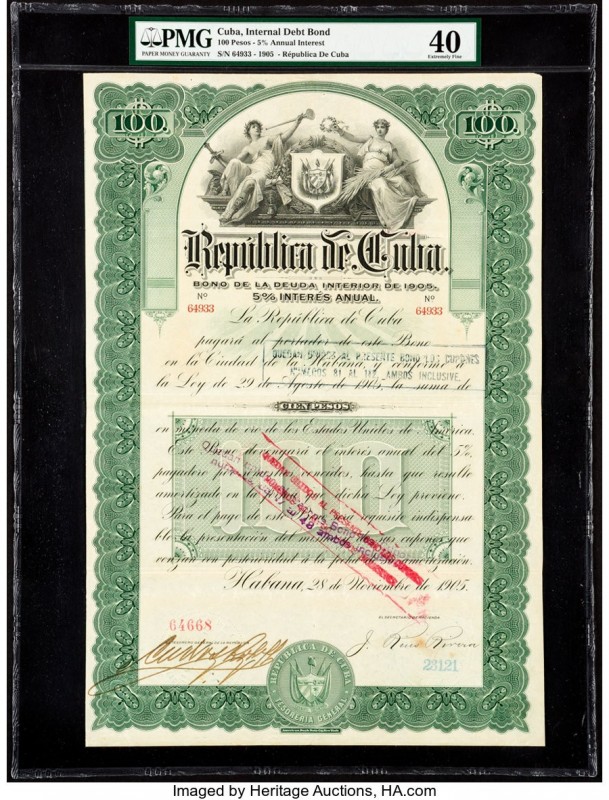 Cuba Republica de Cuba 100 Pesos 1905 Internal Debt Bond PMG Extremely Fine 40. ...