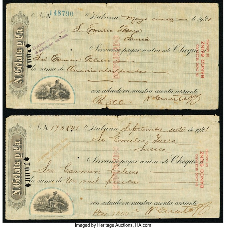 Cuba Pair of Checks from 1921 Fine. Two examples. From the El Don Diego Luna Col...
