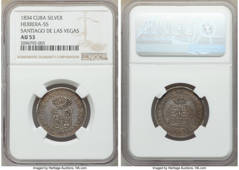 Isabel II silver "Santiago de las Vegas" Proclamation Medal 1834 AU53 NGC, Herre...