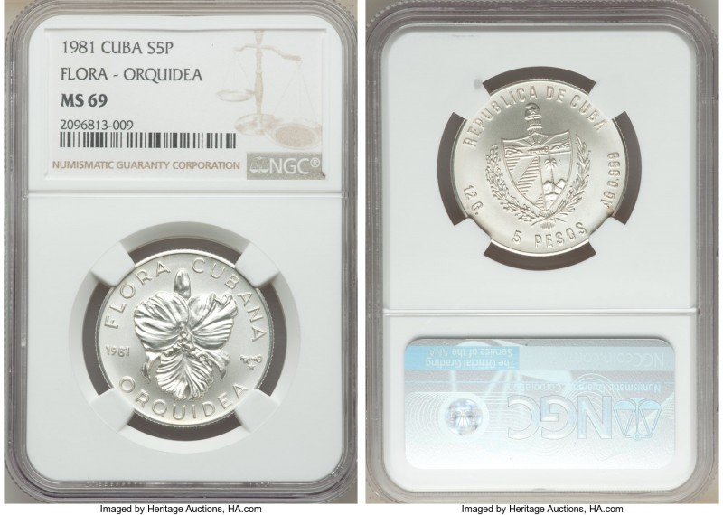 Republic 7-Piece Lot of Certified 5 Pesos NGC, 1) "Flora - Orquidea" 5 Pesos 198...