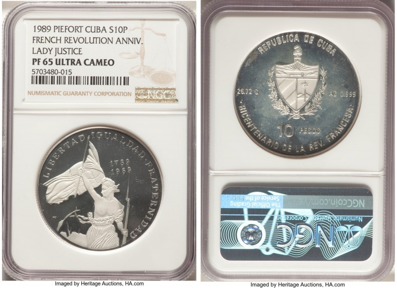 Republic silver Proof Piefort "Lady Justice" 10 Pesos 1989 PR65 Ultra Cameo NGC,...