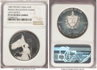 Republic silver Proof Piefort "Lady Justice" 10 Pesos 1989 PR65 Ultra Cameo NGC, KM-P16. Mintage: 150. "French Revolution Anniversary" issue. From the...