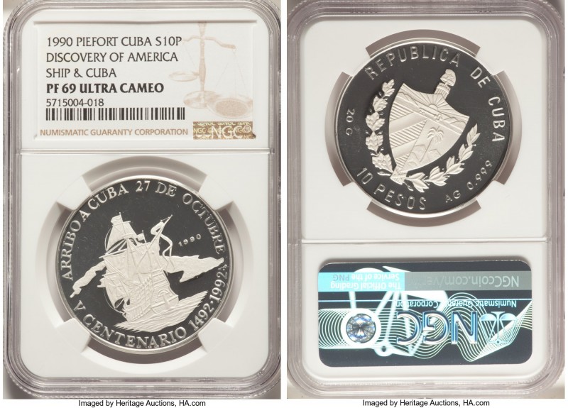 Republic Proof "Discovery of America - Ship & Cuba" 10 Pesos 1990 PR69 Ultra Cam...