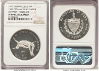 Republic silver Proof Piefort "High Jump" 10 Pesos 1990 PR69 Ultra Cameo NGC, KM-P37. Mintage: 100. "Pan-American Games - Havana" issue. From the El D...