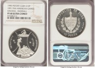Republic silver Proof Piefort "Baseball" 10 Pesos 1990 PR68 Ultra Cameo NGC, KM-P39. Mintage: 100. "Pan-American Games - Havana" issue. From the El Do...
