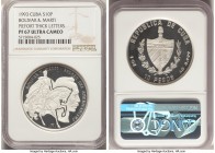 Republic silver Proof Piefort "Bolivar & Marti" 10 Pesos 1993 PR67 Ultra Cameo NGC, KM-P55. "Thick letters" variety. From the El Don Diego Luna Collec...