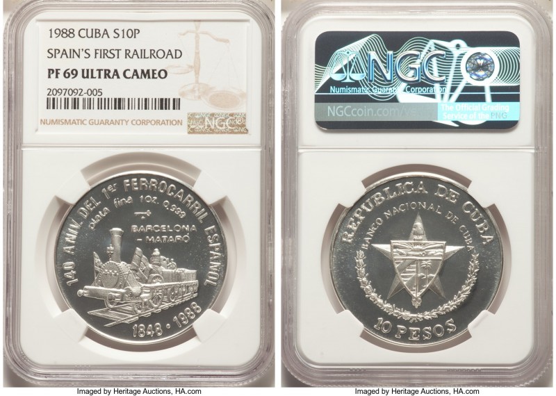 Republic 4-Piece Lot of Certified Proof 10 Pesos NGC, 1) "Spain's First Railroad...