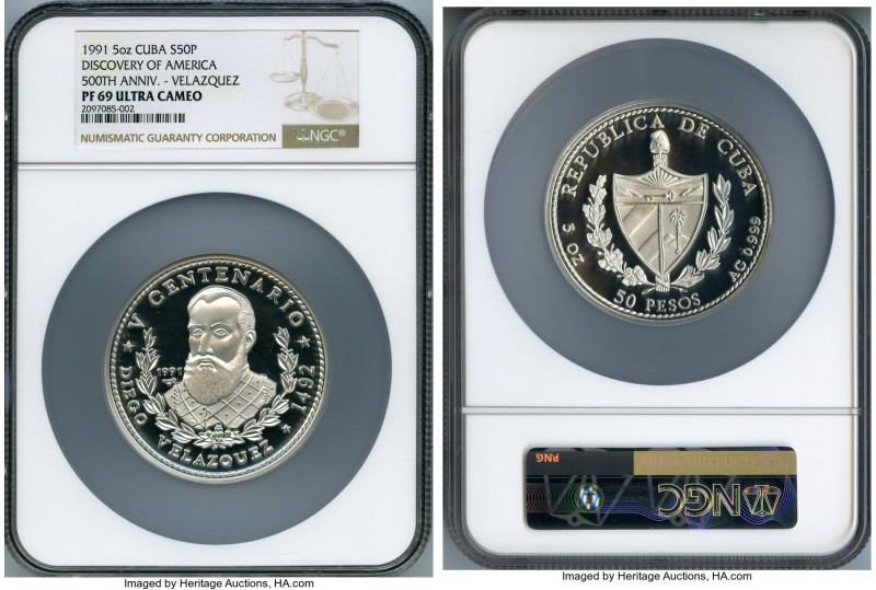 Republic Proof "Velazquez" 50 Pesos (5 oz) 1991 PR69 Ultra Cameo NGC, KM433. Min...