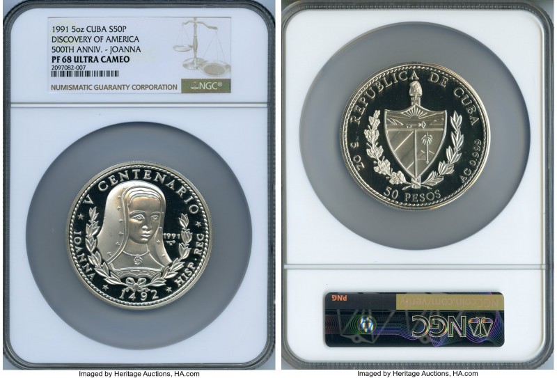 Republic Proof "Joanna" 50 Pesos (5 oz) 1991 PR68 Ultra Cameo NGC, KM432. Mintag...