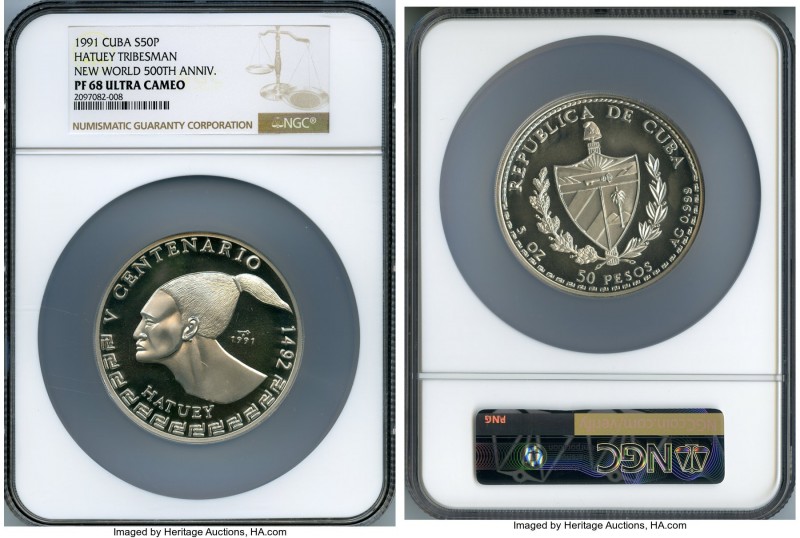 Republic Proof "Hatuey Tribesman" 50 Pesos (5 oz) 1991 PR68 Ultra Cameo NGC, KM3...