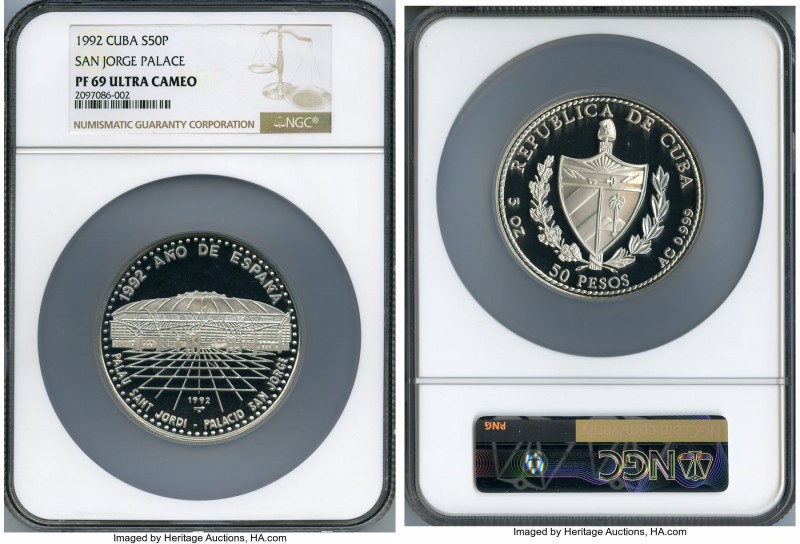 Republic Proof "San Jorge Palace" 50 Pesos (5 oz) 1992 PR69 Ultra Cameo NGC, KM3...