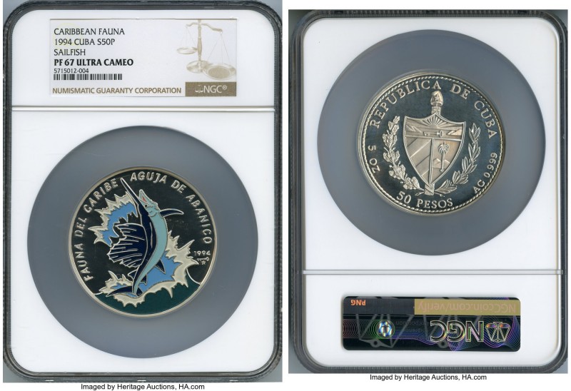 Republic Proof Colorized "Sailfish" 50 Pesos (5 oz) 1994 PR67 Ultra Cameo NGC, K...