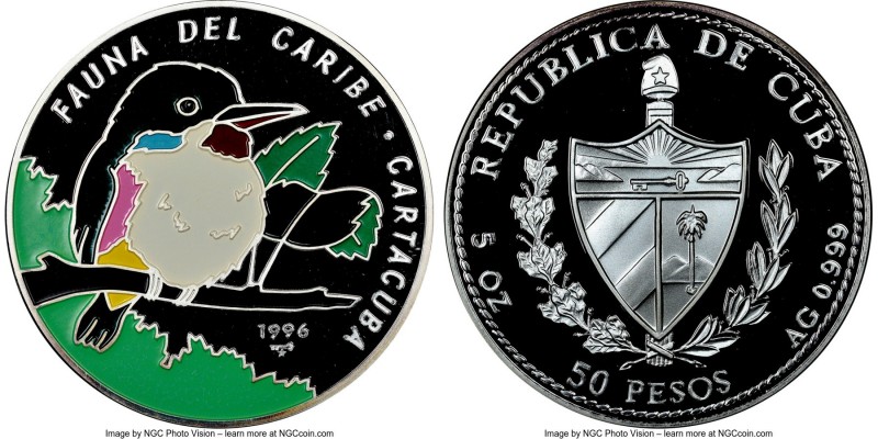 Republic Proof Colorized "Cuban Tody Bird" 50 Pesos (5 oz) 1996 PR69 Ultra Cameo...