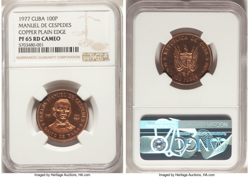 Republic copper Proof Trial Strike "Carlos Manuel de Cespedes" 100 Pesos 1977 PR...