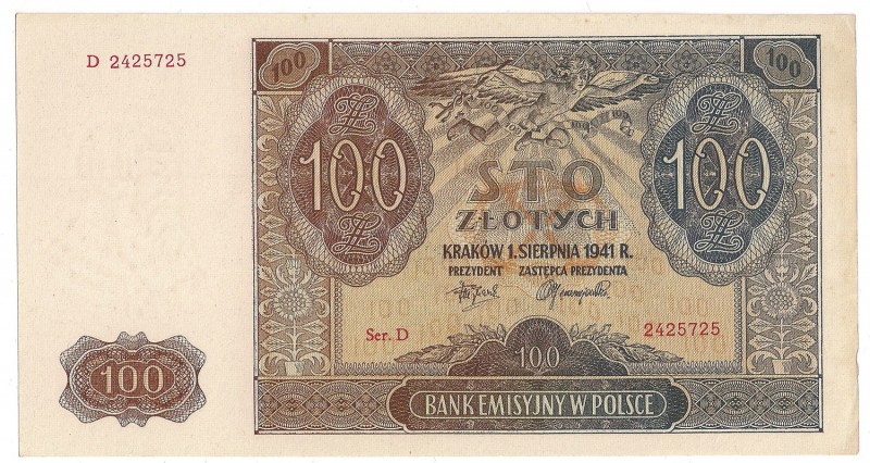 GG, 100 złotych 1941, Ser. D
 Zagięcie dwóch rogów. Drobne nadgięcia. 

Grade...