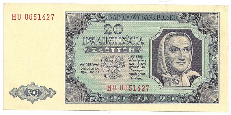 PRL, 20 złotych 1948 Ser. HU
 Lekkie nieświeżości papieru. 

Grade: UNC/AU 
...