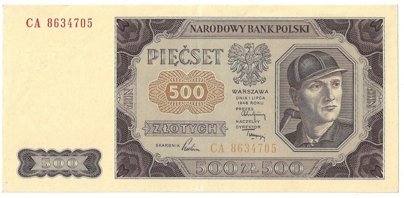 PRL, 500 złotych 1948 ser. CA
 Rzadszy w dobrych stanach banknot, widoczne złam...