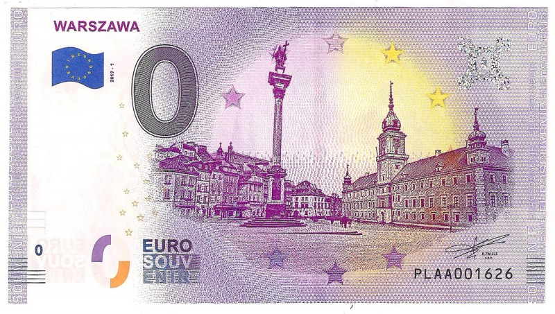 III RP, 0 euro 2019 Warszawa nr 1626
 Banknot o nominale 0 euro, wydawany oficj...