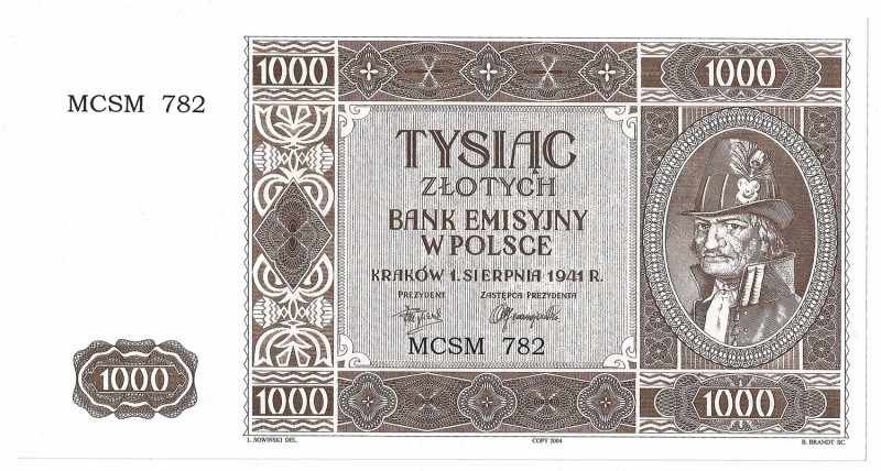 III RP, 1000 złotych 1941 - kopia 2004
 KOPIA nie wprowadzonego do obiegu bankn...
