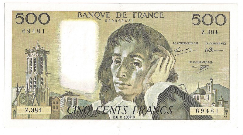 France, 500 francs 1992
Francja, 500 franków 1992
 Widoczne złamanie przez śro...