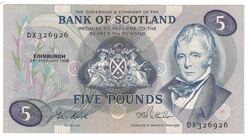 Scotland, 5 pounds 1988
Szkocja, 5 funtów 1988
 Liczne złamania, jednak ogólni...