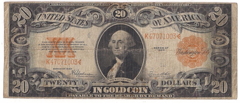 USA, 20 dollars 1922 Gold certificate
USA, 20 dolarów w złocie 1922
 Obiegowy,...