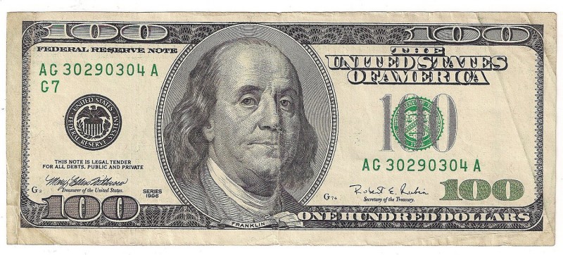 USA, 100 dollars 1996
USA, 100 dolarów 1996 - przesunięcie matrycy
 Wysoki nom...