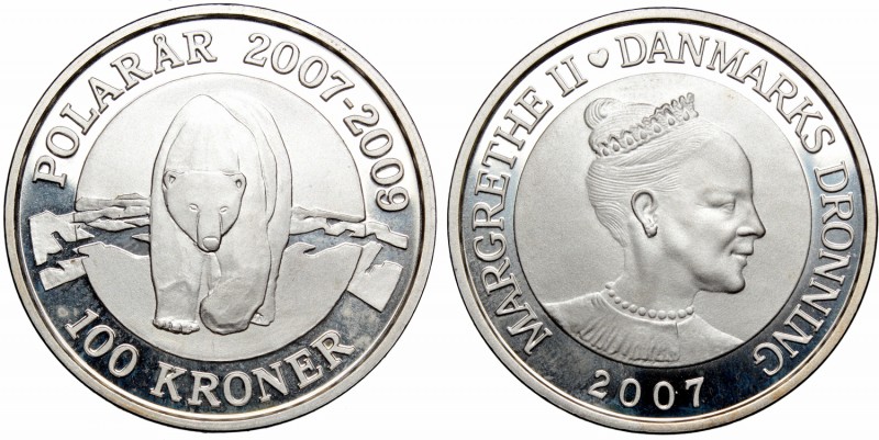 Denmark, 100 kroner 2007
Dania, 100 koron 2007 w kapslu emisyjnym, srebro
 Cie...
