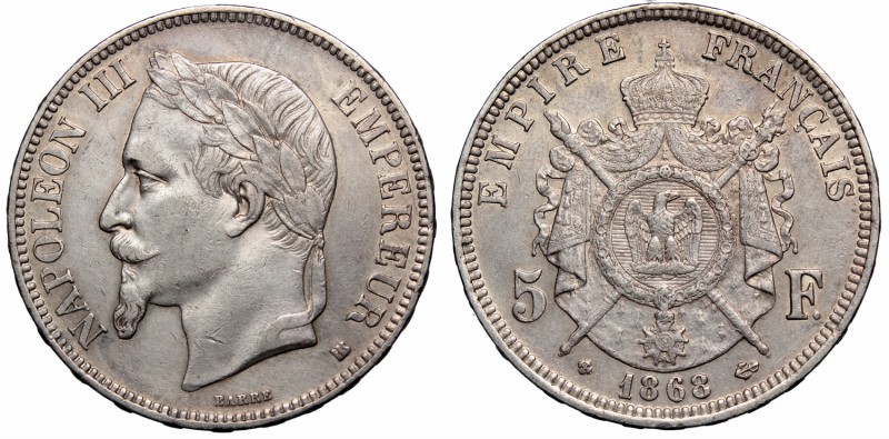 France, 5 francs 1868 BB
Francja, 5 franków 1868 BB
 Bardzo ładny egzemplarz z...