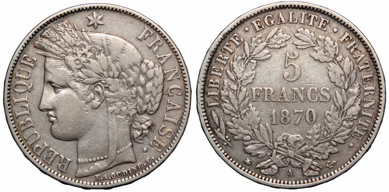 France, 5 francs 1870 A
Francja, 5 franków 1870 A
 Ładny egzemplarz. Odmiana z...