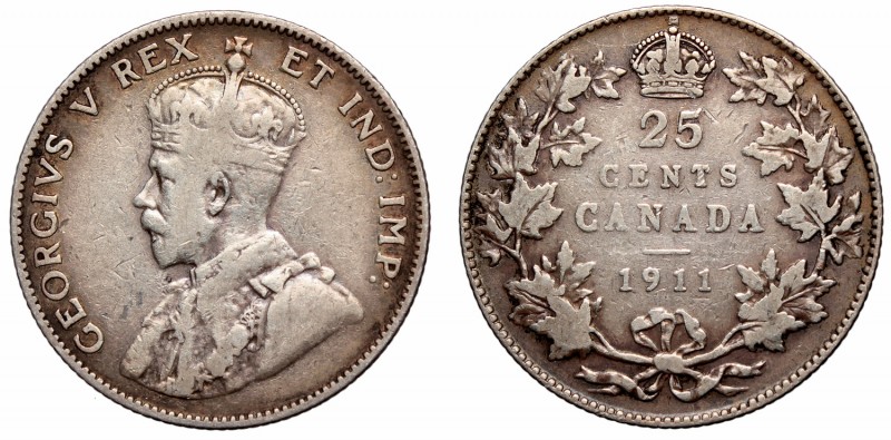 Canada, 25 cents 1911
Kanada, 25 centów 1911
 Obiegowy egzemplarz. Patyna, nal...