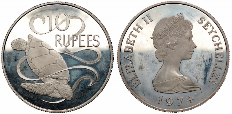 Seychelles, 10 rupee 1974, silver
Seszele, 10 rupii 1974 Żółw, srebro
 Srebro ...