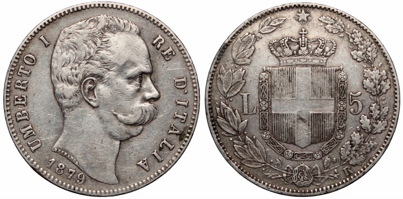 Italy, 5 lira 1879
Włochy, 5 lirów 1879
 Obiegowy egzemplarz. Patyna, nalot. S...