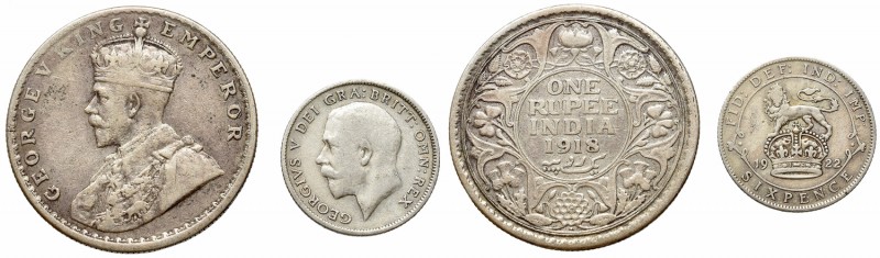 British India, lot 2 coins
Indie brytyjskie, zestaw 6 pensów 1922 i 1 rupia 191...