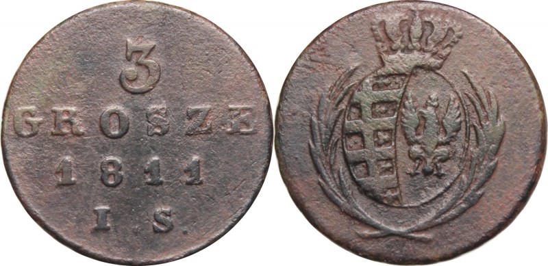 Księstwo Warszawskie, 3 grosze 1811 IS
 Czytelny egzemplarz. 

Grade: VF 
Re...