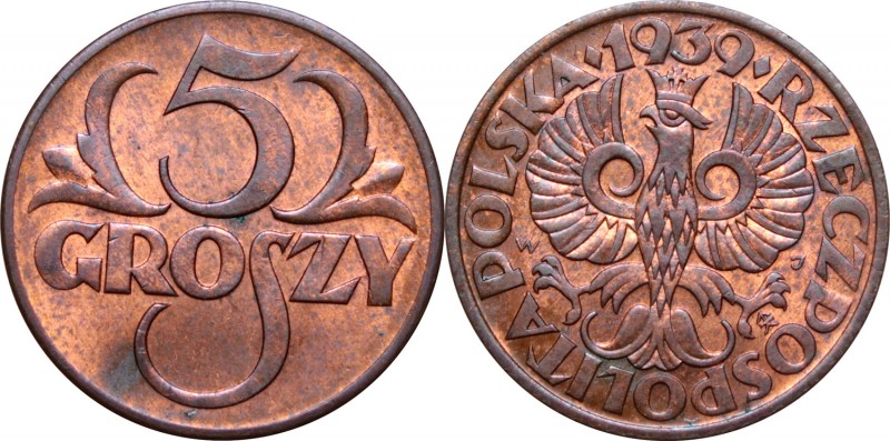 II Rzeczpospolita, 5 groszy 1939 
 Menniczy egzemplarz.


Grade: UNC