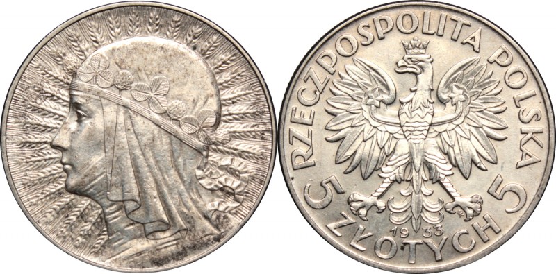 II Rzeczpospolita, 5 złotych 1933 Głowa kobiety
 Atrakcyjna sztuka w obustronne...